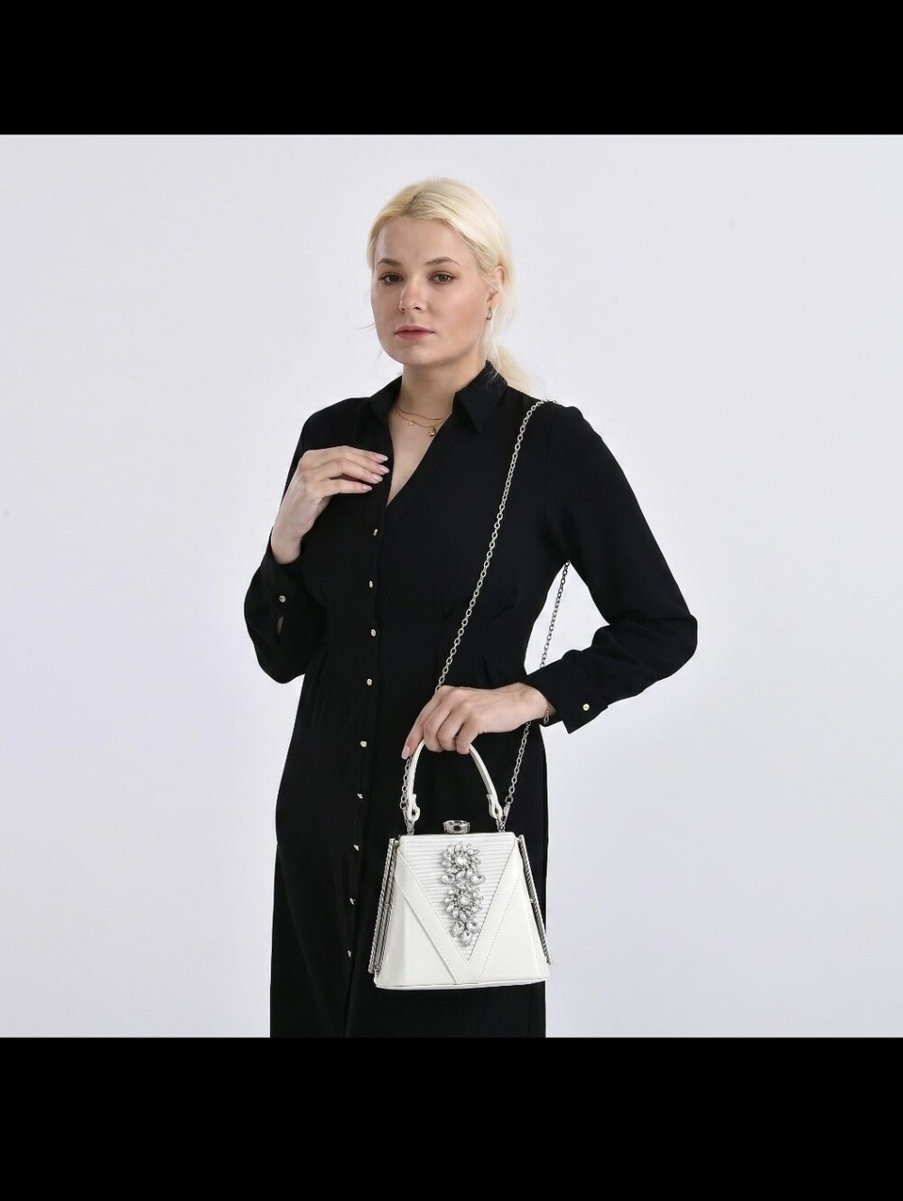 LA MAREY White Faux Leather Clutch/ Convertible Xbody Rhinestones - Picture 3 of 15